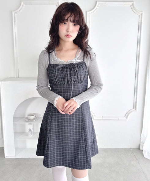 【チェック＆ドット】フロントリボンミニキャミワンピース | LO2256072 | グレー