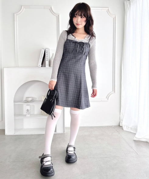 【チェック＆ドット】フロントリボンミニキャミワンピース | LO2256072 | グレー