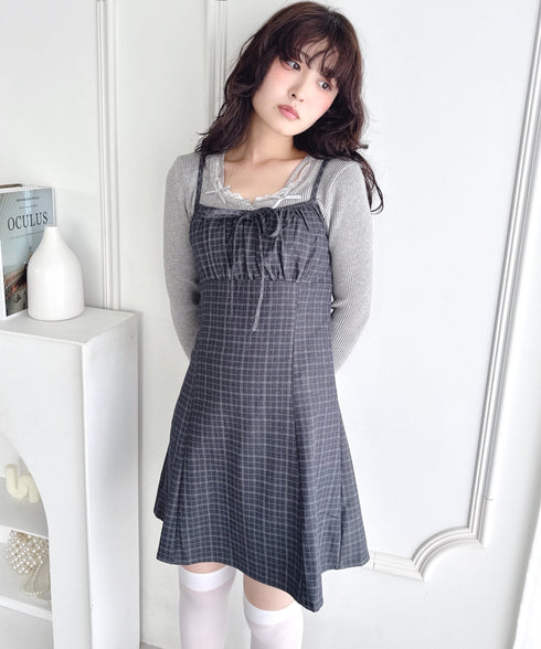 【チェック＆ドット】フロントリボンミニキャミワンピース | LO2256072 | グレー