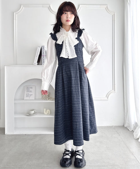 フリルショルダーチェックワンピース | LO2254031 | ネイビー