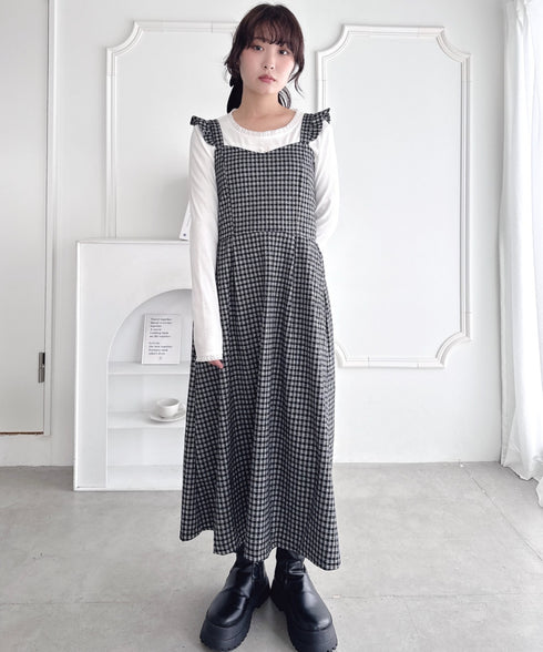 フリルショルダーチェックワンピース | LO2254031 | ブラック