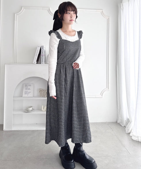フリルショルダーチェックワンピース | LO2254031 | ブラック