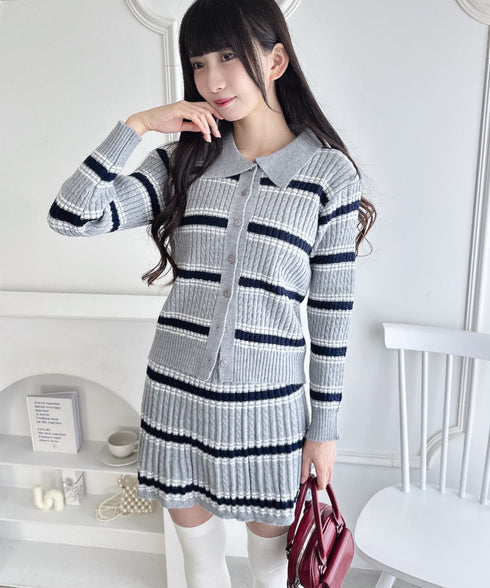 マルチボーダーケーブルニットセットアップ | LO2256075 | グレー