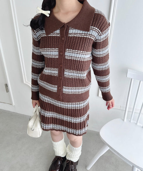 マルチボーダーケーブルニットセットアップ | LO2256075 | ブラウン