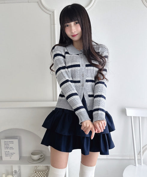 マルチボーダーケーブルニットセットアップ | LO2256075 | グレー