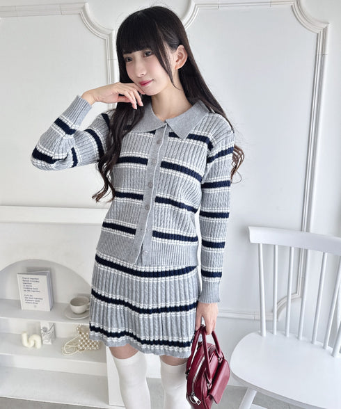 マルチボーダーケーブルニットセットアップ | LO2256075 | グレー