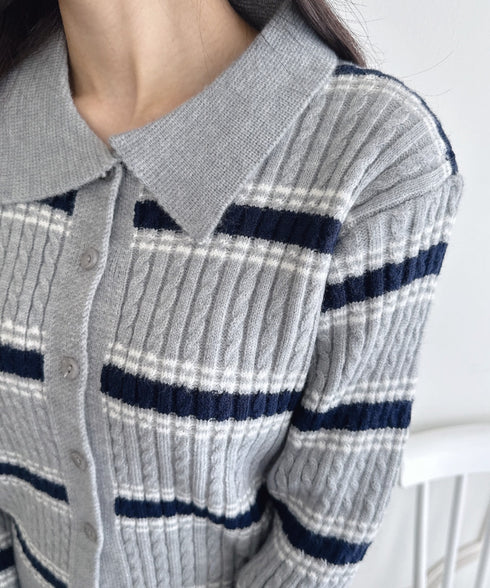 マルチボーダーケーブルニットセットアップ | LO2256075 | グレー