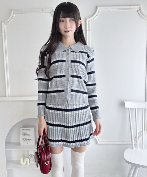 マルチボーダーケーブルニットセットアップ | LO2256075 | グレー