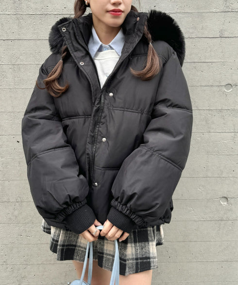 ボリュームフェイクファーフードパデッドジャケット | LO2254038 | ブラック