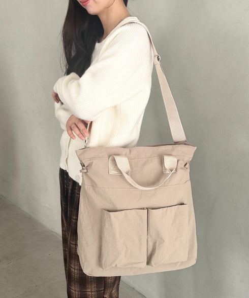【A4収納可能】ナイロン軽量多ポケット２WAYショルダーバッグ トートバッグ | MD1256066 | ベージュ