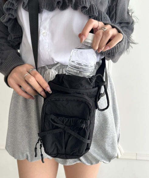 ボトルホルダーバッグ ショルダーバッグ  リボン巾着ショルダーバッグ ペットボトルショルダーバッグ | WR1256045 | ブラック