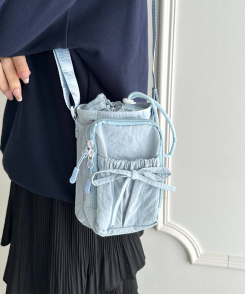 ボトルホルダーバッグ ショルダーバッグ  リボン巾着ショルダーバッグ ペットボトルショルダーバッグ | WR1256045 | ブルー