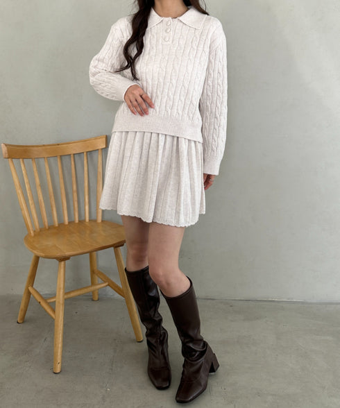 ケーブルポロニット＆ニットミニスカートセットアップ | MD2256044 | ホワイト