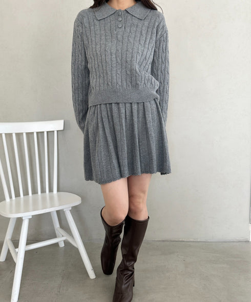 ケーブルポロニット＆ニットミニスカートセットアップ | MD2256044 | グレー