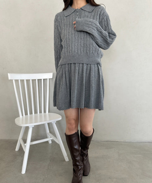ケーブルポロニット＆ニットミニスカートセットアップ | MD2256044 | グレー