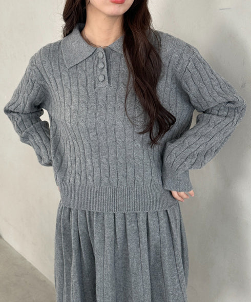 ケーブルポロニット＆ニットミニスカートセットアップ | MD2256044 | グレー
