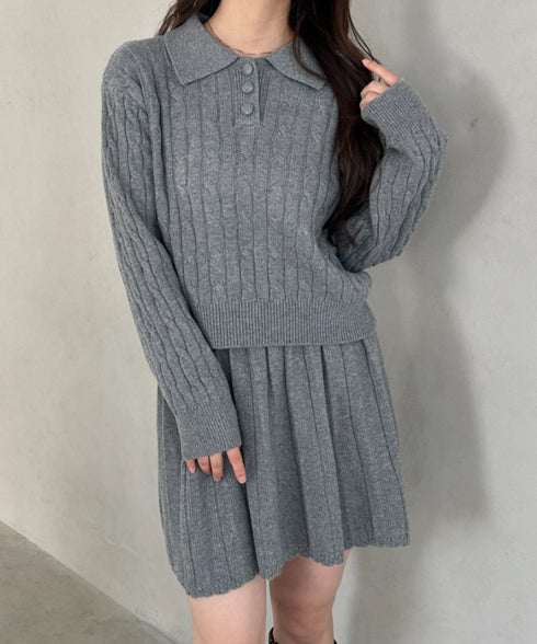 ケーブルポロニット＆ニットミニスカートセットアップ | MD2256044 | グレー