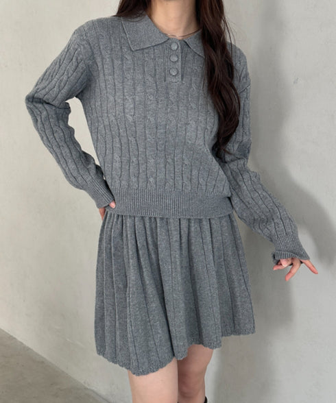 ケーブルポロニット＆ニットミニスカートセットアップ | MD2256044 | グレー