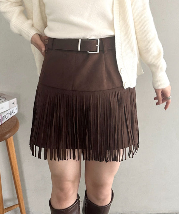 ベルト付きフリンジスウェードミニスカート | MD2256050 | ブラウン