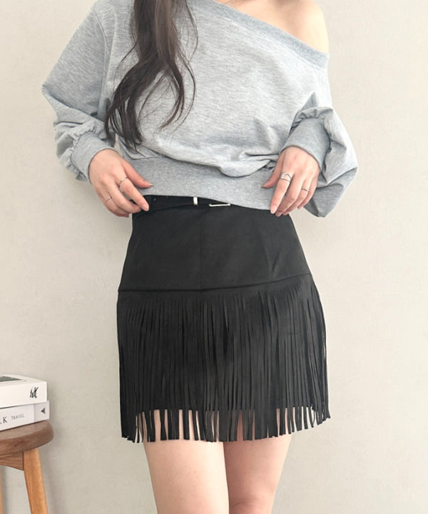 ベルト付きフリンジスウェードミニスカート | MD2256050 | ブラック
