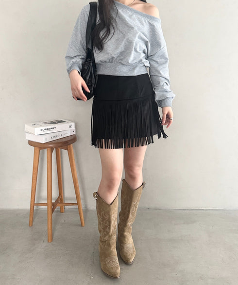 ベルト付きフリンジスウェードミニスカート | MD2256050 | ブラック