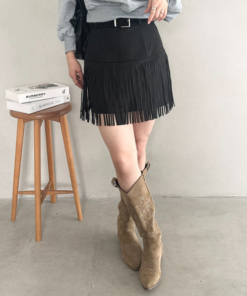 ベルト付きフリンジスウェードミニスカート | MD2256050 | ブラック