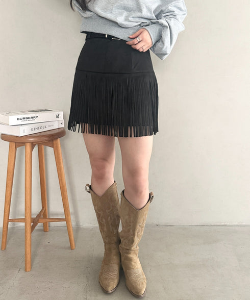 ベルト付きフリンジスウェードミニスカート | MD2256050 | ブラック