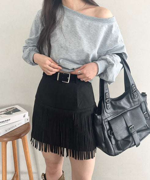 ベルト付きフリンジスウェードミニスカート | MD2256050 | ブラック