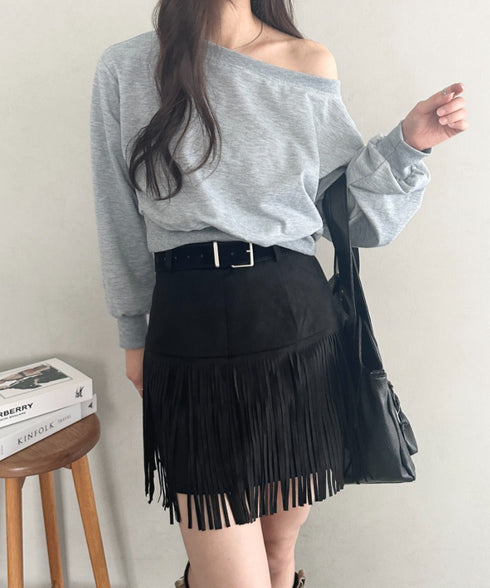 ベルト付きフリンジスウェードミニスカート | MD2256050 | ブラック