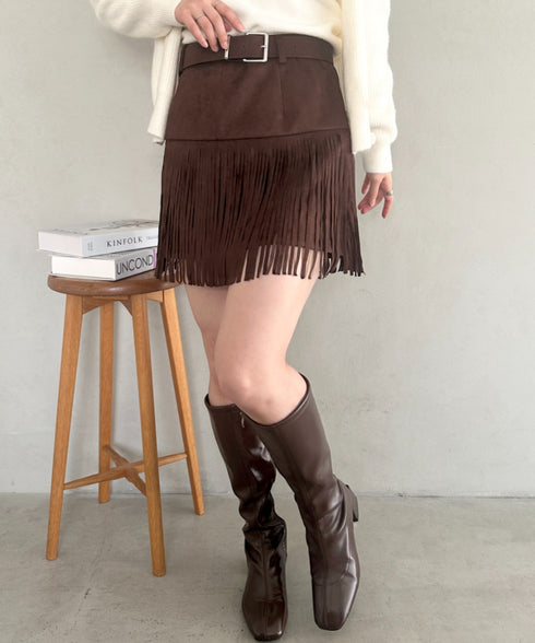 ベルト付きフリンジスウェードミニスカート | MD2256050 | ブラウン