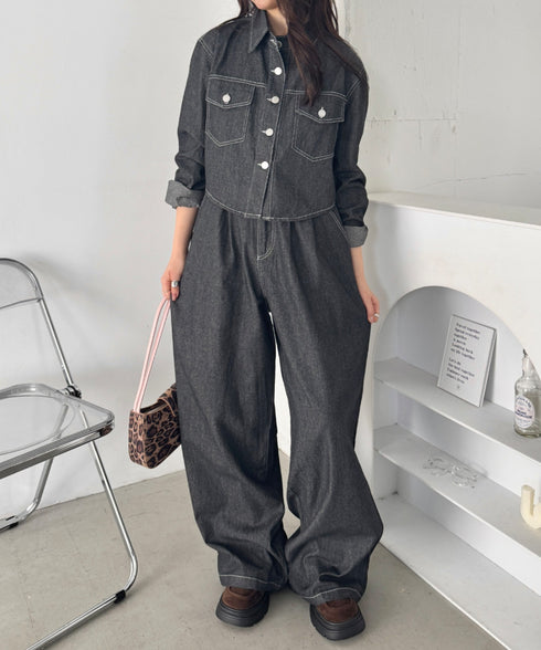 【セットアップ】デニムシャツジャケット+ワイドパンツ | SL2256111 | ブラック