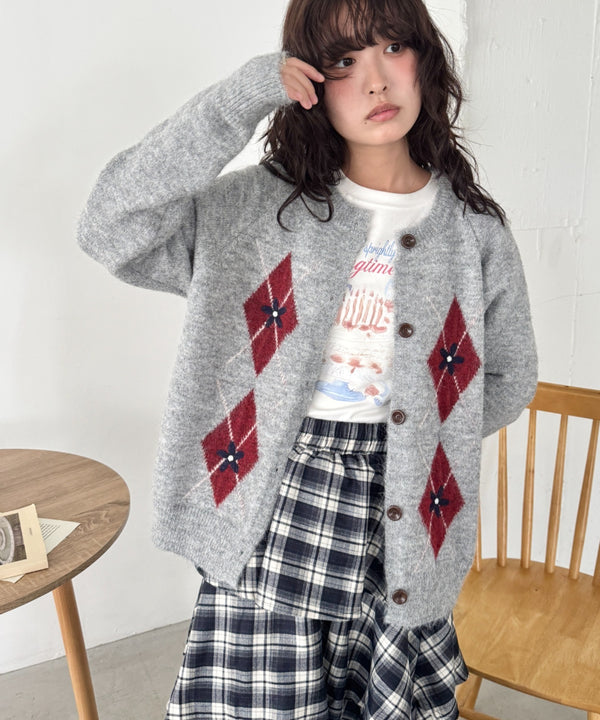 フラワー刺繍アーガイルニットカーディガン | SL2256112 | グレー