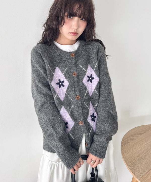 フラワー刺繍アーガイルニットカーディガン | SL2256112 | チャコールグレー