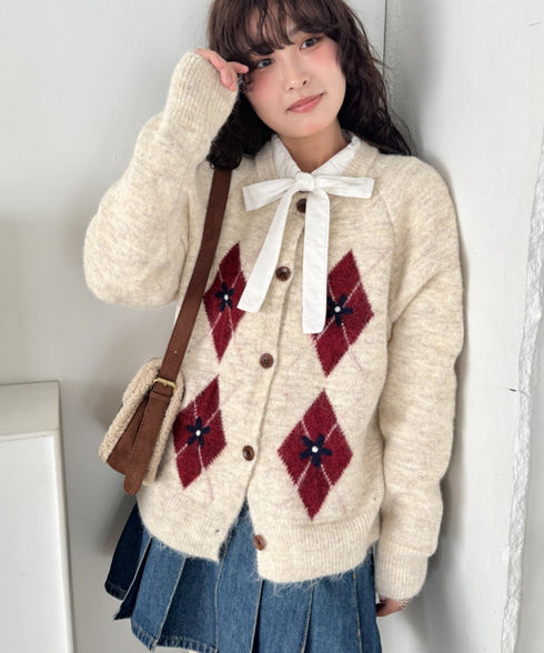 フラワー刺繍アーガイルニットカーディガン | SL2256112 | アイボリー