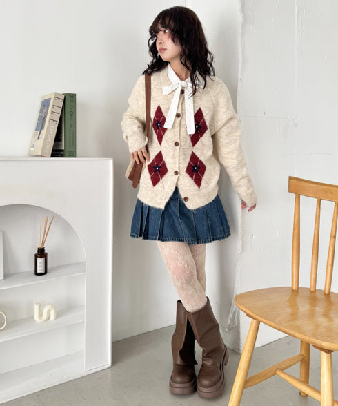 フラワー刺繍アーガイルニットカーディガン | SL2256112 | アイボリー