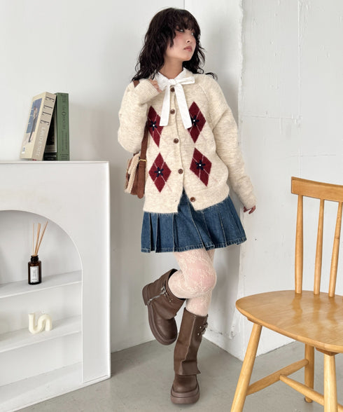 フラワー刺繍アーガイルニットカーディガン | SL2256112 | アイボリー