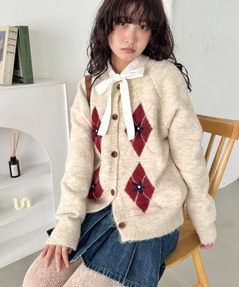 フラワー刺繍アーガイルニットカーディガン | SL2256112 | アイボリー