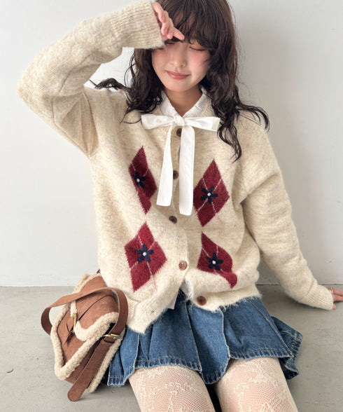 フラワー刺繍アーガイルニットカーディガン | SL2256112 | アイボリー