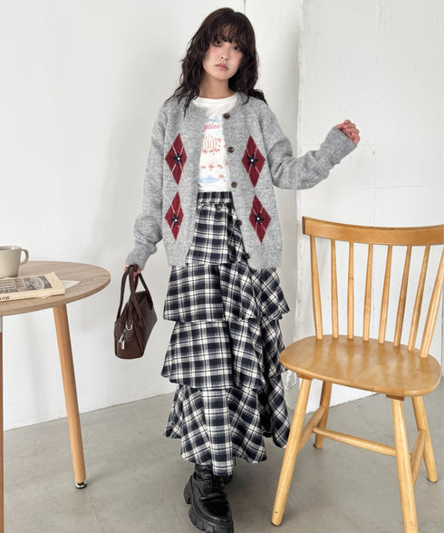 フラワー刺繍アーガイルニットカーディガン | SL2256112 | グレー