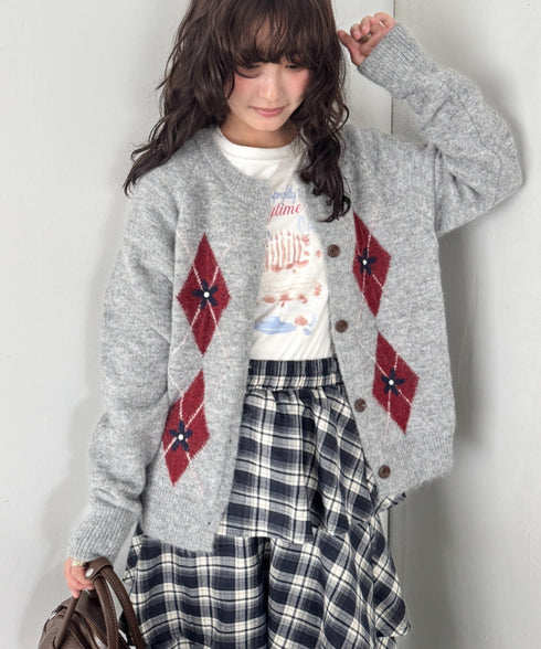 フラワー刺繍アーガイルニットカーディガン | SL2256112 | グレー