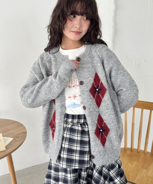 フラワー刺繍アーガイルニットカーディガン | SL2256112 | グレー