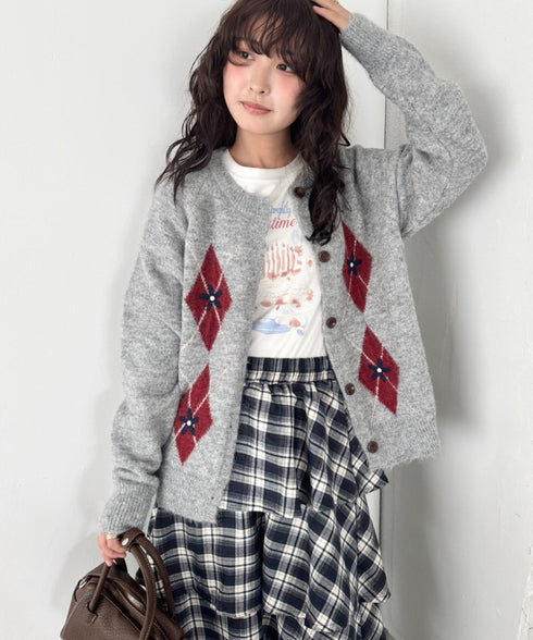 フラワー刺繍アーガイルニットカーディガン | SL2256112 | グレー