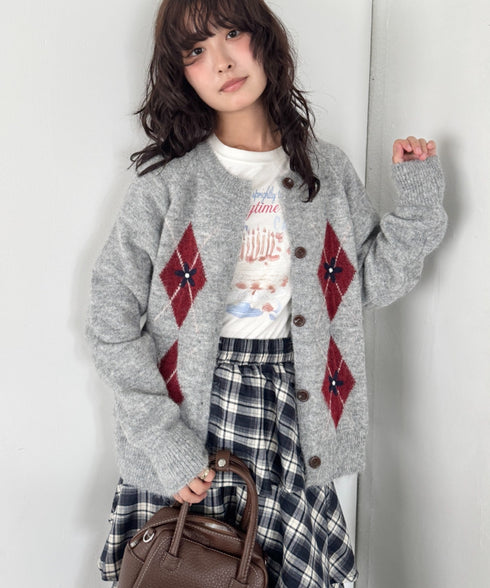 フラワー刺繍アーガイルニットカーディガン | SL2256112 | グレー