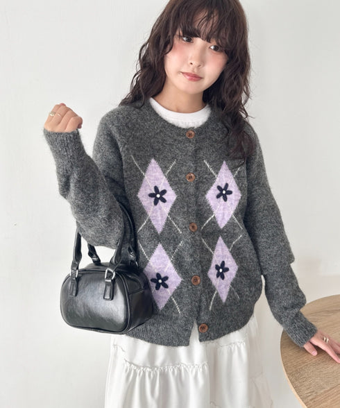 フラワー刺繍アーガイルニットカーディガン | SL2256112 | チャコールグレー