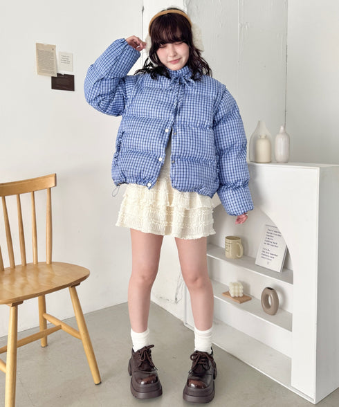 【袖取り外し可能】チェックリボンダウンジャケット/ダウンベスト | SL2254023 | ブルー