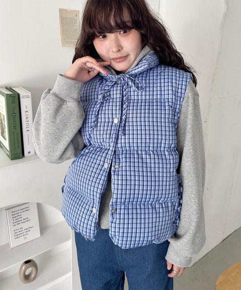 【袖取り外し可能】チェックリボンダウンジャケット/ダウンベスト | SL2254023 | ブルー