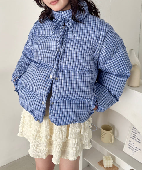 【袖取り外し可能】チェックリボンダウンジャケット/ダウンベスト | SL2254023 | ブルー