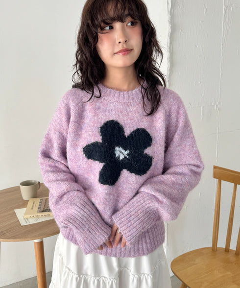 フラワーモチーフルーズニットプルオーバー | SL2254036 | パープル