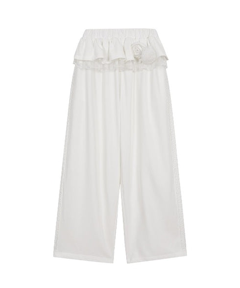 ILLIGO(イリゴ)/サイドライン ウエストフリル フェイクレイヤード ワイド ルーズ スウェットパンツ ブローチ付き/BLOOM RUFFLE LACE SWEAT PANTS | AT2254022 | ホワイト