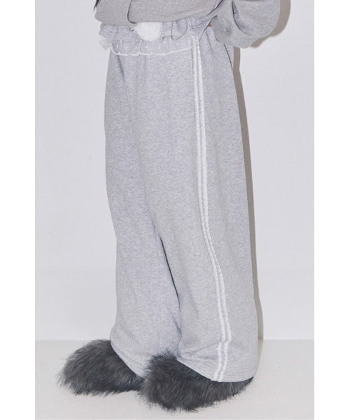 ILLIGO(イリゴ)/サイドライン ウエストフリル フェイクレイヤード ワイド ルーズ スウェットパンツ ブローチ付き/BLOOM RUFFLE LACE SWEAT PANTS | AT2254022 | グレー